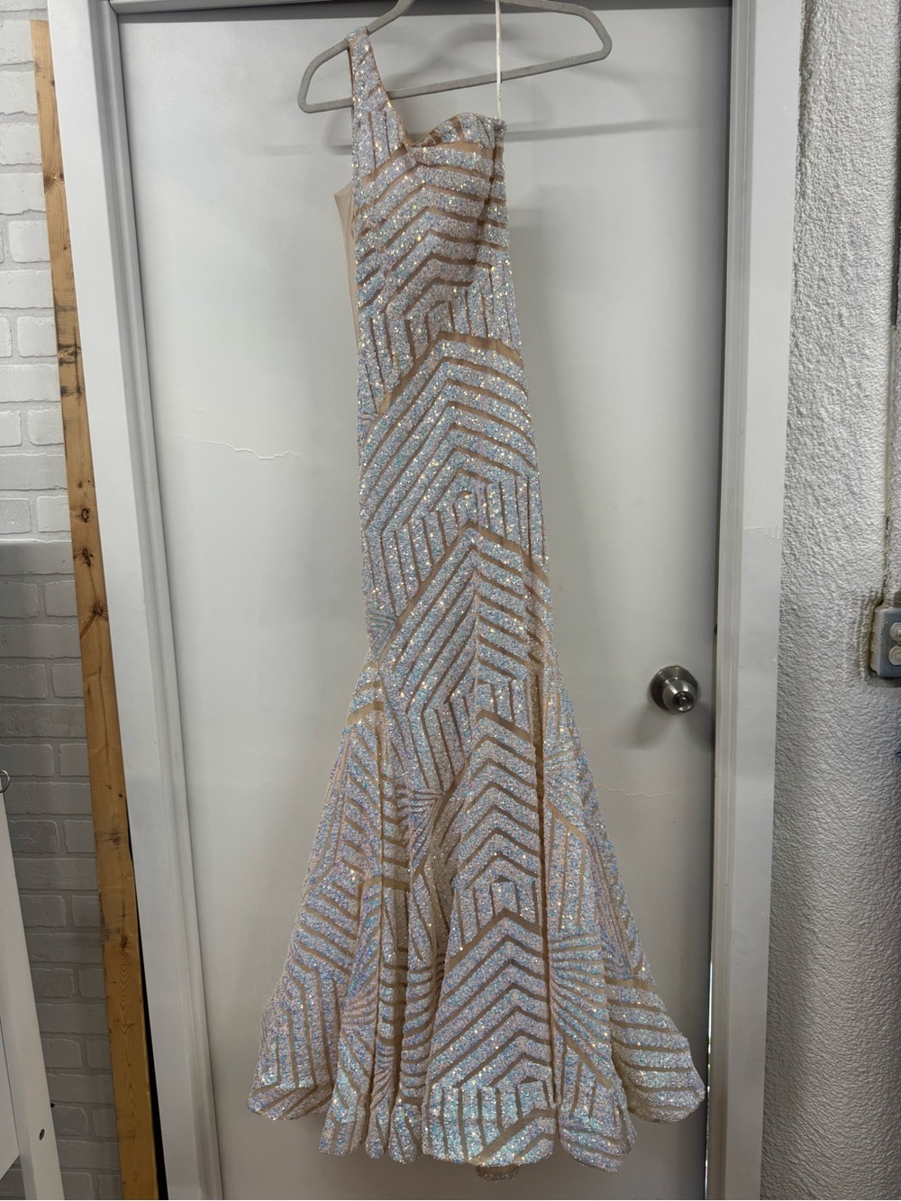 Jovani Champagne Sequin One-Shoulder Mermaid Gown